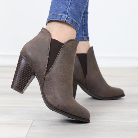 Brown High Heel Slip-On Booties Faux Leather Slip-On Stacked Heel - Picture 4 of 14